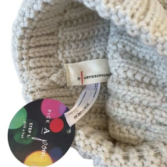 Anthropologie Pick A Pom Beanie Stocking Hat Ivory Set 3 Poms purple yellow NWT - Picture 3 of 4